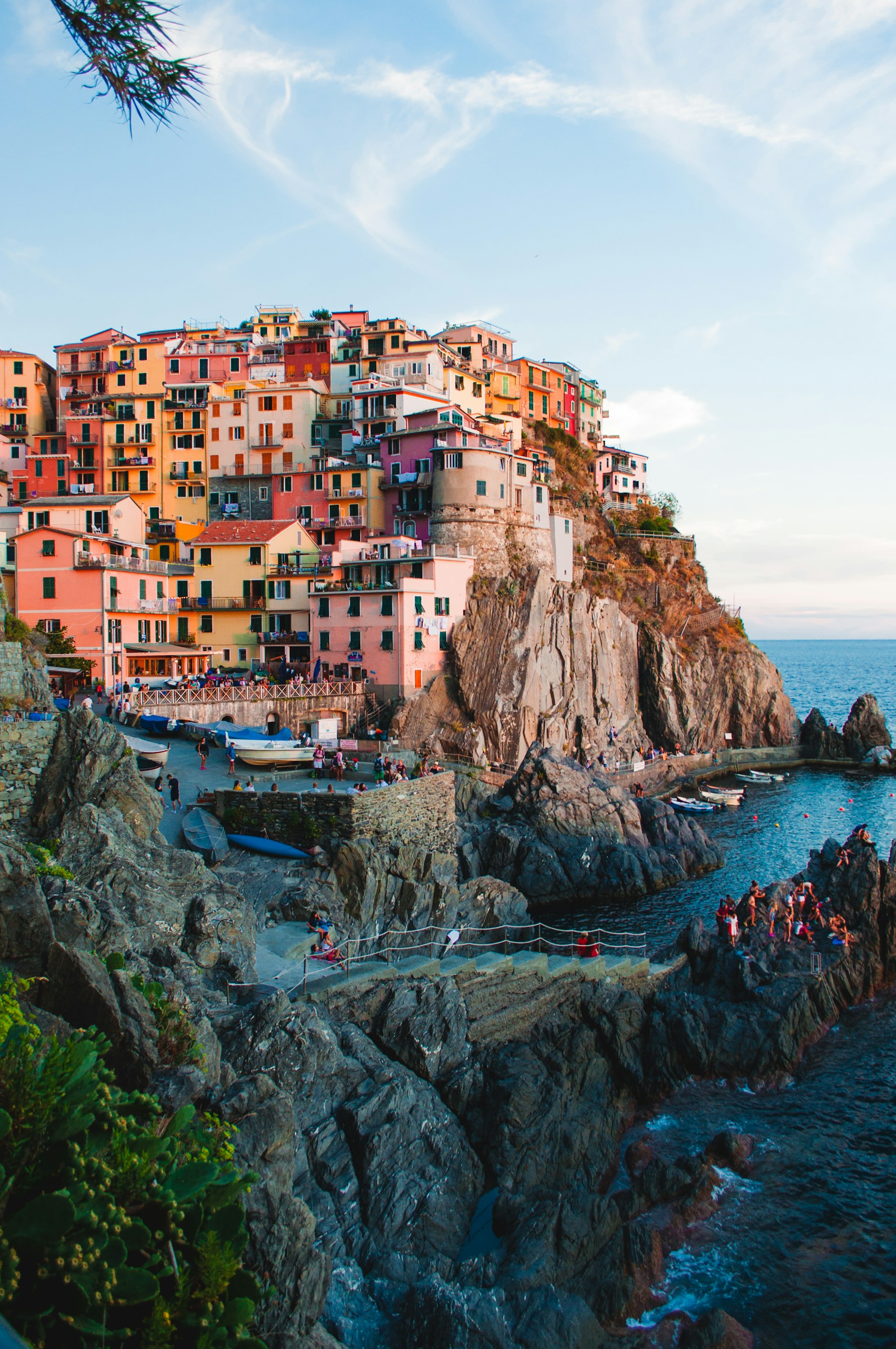 Pastel Italian coastal village overlooking the Mediterranean