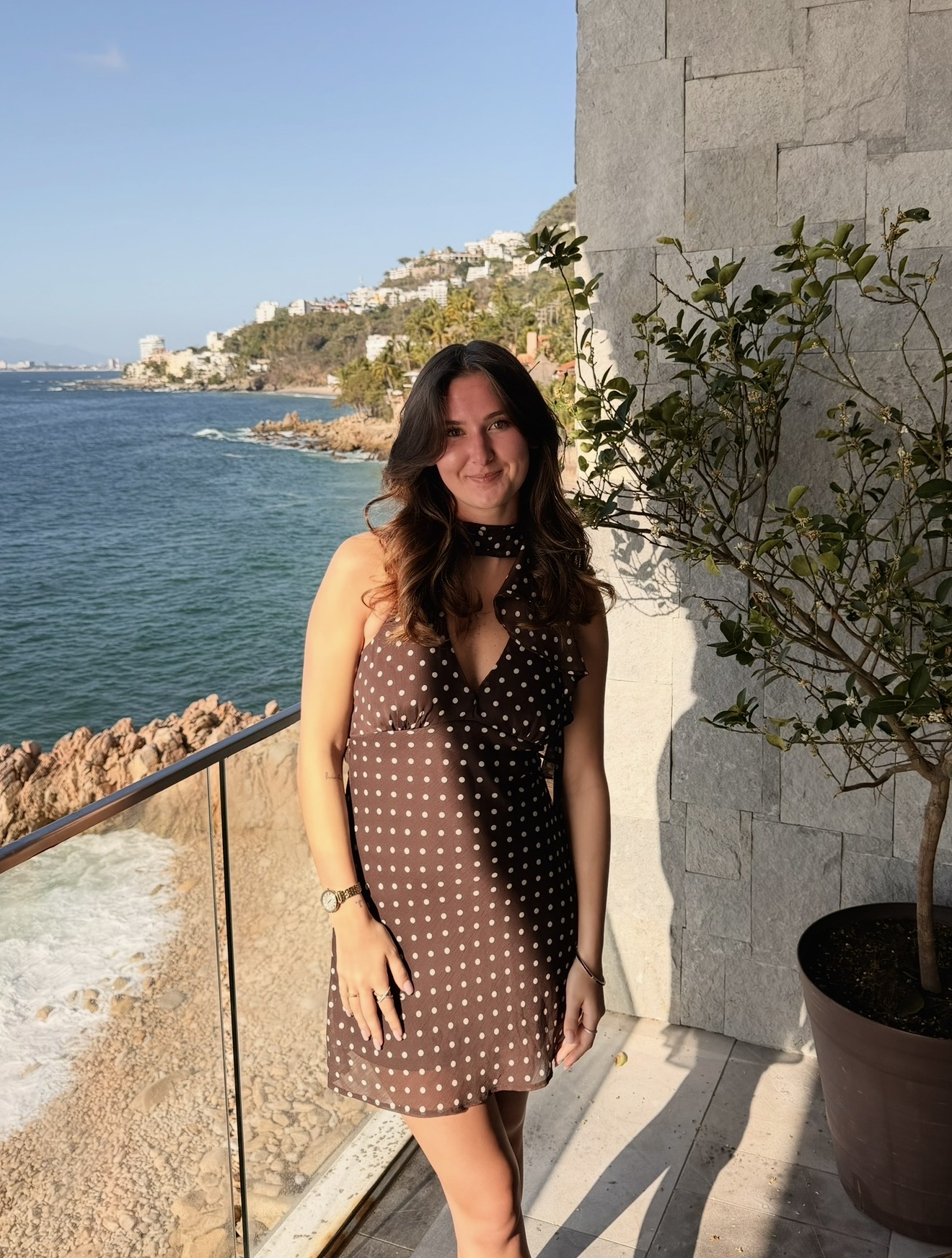Jenna Schwartz in a brown dress overlooking the coast